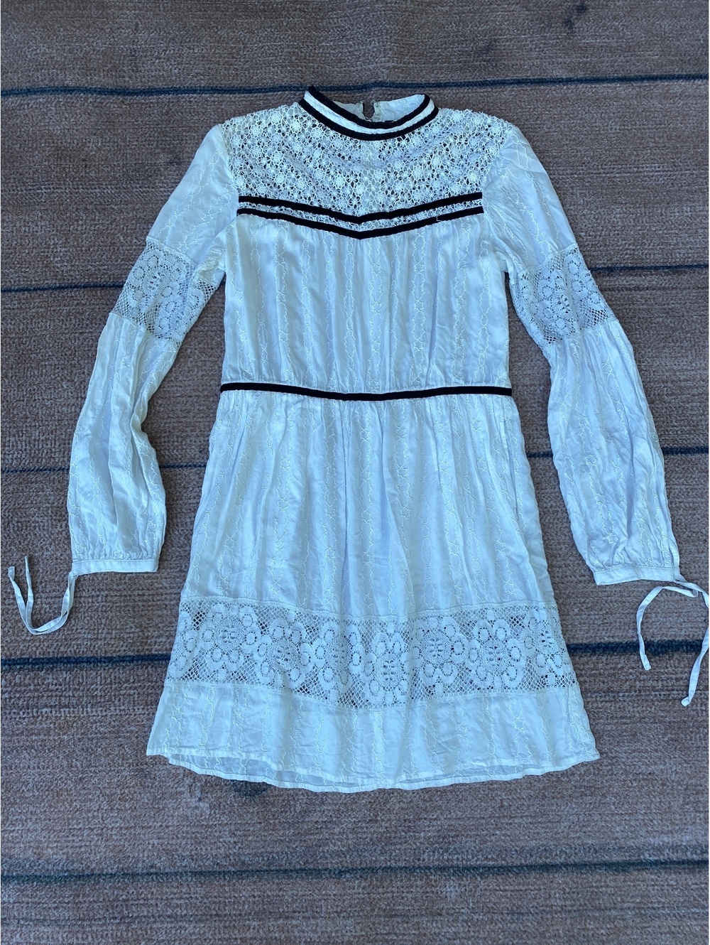 Cottagecore white crochet black velvet trim modest victorian dress Topshop 6